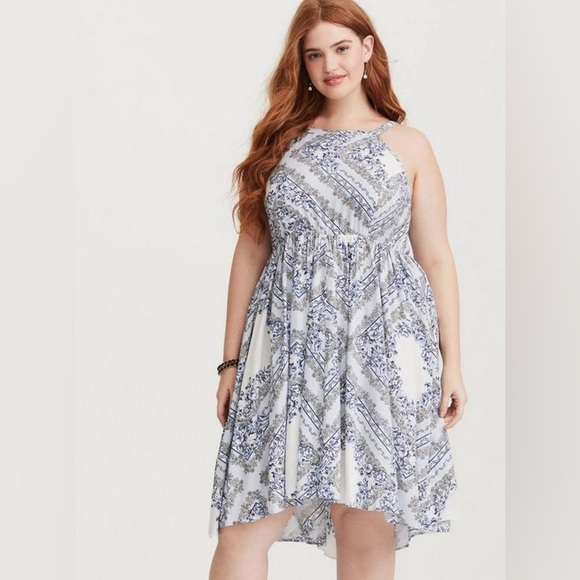 New torrid blue/white Midi Challis High Neck Dress size 00 - Picture 2 of 10